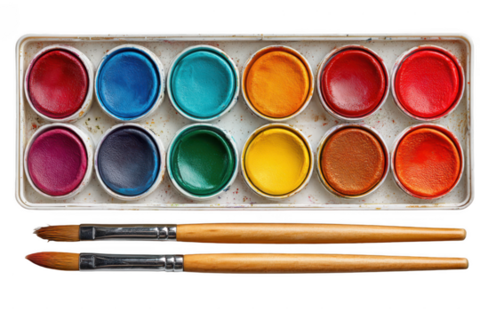 A set of twelve vibrant watercolor paints arranged in a metal tray with two wooden-handled paintbrushes below.