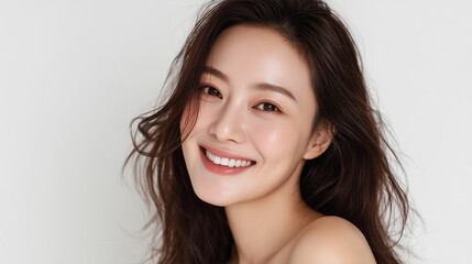 Naklejka premium Clean white skincare concept with Korean female model