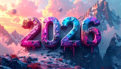 Vibrant, colorful 2026 numerals prominently displayed against a backdrop of majestic mountains and a picturesque, snowy landscape, evoking a sense of hope and anticipation for the new year.
