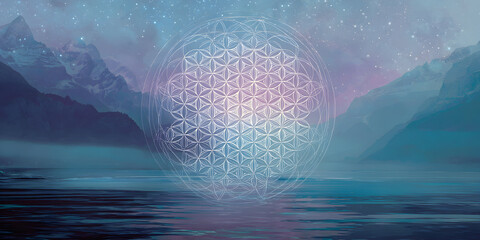 Geometric pattern overlays serene landscape with mountains and water, creating a mystical and spiritual atmosphere, perfect for meditation and mindfulness practices.