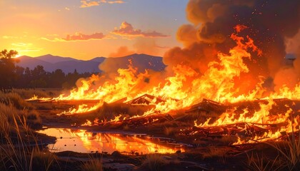 A vast wildfire burns across a grassy field at sunset, reflecting in a puddle of water.  Fiery flames and billowing smoke fill the landscape, with mountains in the background.