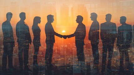 Businesspeople Shaking Hands At Sunset Over City Skyline