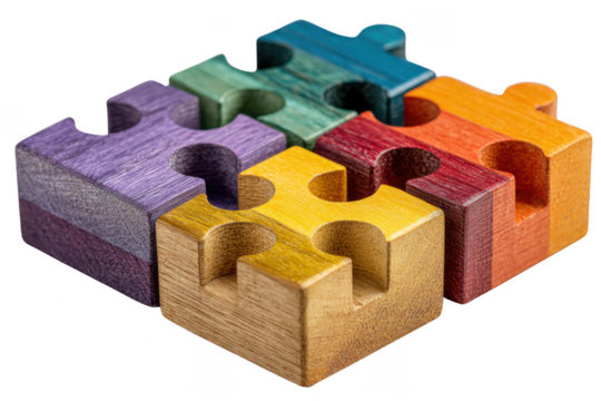 Six colorful wooden puzzle pieces connected together, each a different color and texture, forming a small cluster.