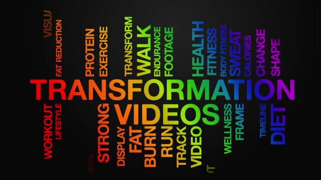 Transformation videos concept Animated Tag Word Cloud kinetic typography, Text Design Animation typography seamless loop video motion graphics Intro,  Word Art Looping Text effects rainbow gradient ty