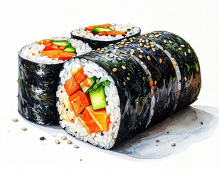 Multiple gimbap rolls sliced to show vibrant fillings
