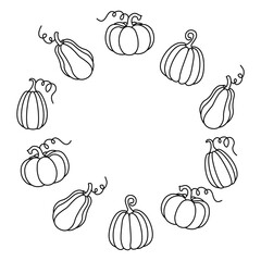 Pumpkin wreath. Outline of pumpkins arranged in a circular wreath isolated on a transparent background. Perfect for autumn designs, Thanksgiving, Halloween, invitations or seasonal decorations. Vector