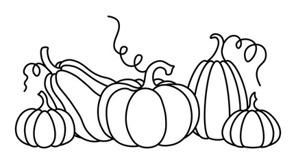 Group of outlined pumpkin for coloring. Black and white vector illustration of pumpkins and gourds. Perfect for coloring activities, fall-themed projects, Halloween, Thanksgiving or creative designs