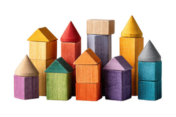 Colorful wooden building blocks assembled to resemble a small village or town with various shapes and vibrant colors.