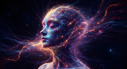 Digital portrait of a human face in glowing neural patterns, combined with synaptic pixel abstract overlay to express futuristic consciousness and surreal cosmic awareness