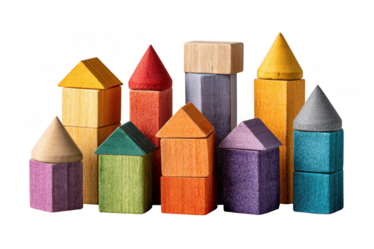 Colorful wooden building blocks assembled to resemble a small village or town with various shapes and vibrant colors.