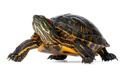 A red-eared slider turtle, showcased against a plain white background, displays its intricate patterns and colors.