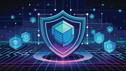 Digital shield abstract illustration representing cybersecurity protection and data encryption with geometric shapes on a futuristic background