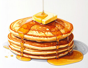 Stack of pancakes with dripping syrup in watercolor style