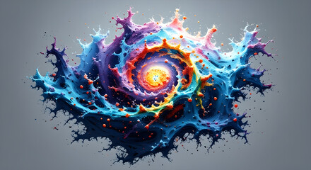 Abstract cosmic fractal shaped like a tree with spiral galaxy center, layered with synaptic pixel abstract overlay to symbolize cosmic life and neural growth