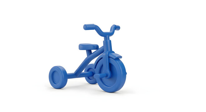 A bright blue child's tricycle on a white background