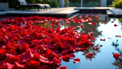 Elegant Red Rose Petals Floating on Calm Water Surface in Pool