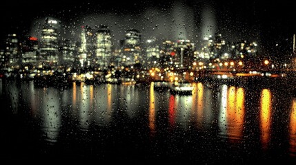 Obraz premium Rainy Night Cityscape View Through Window