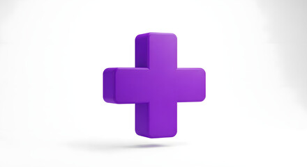 Fototapeta premium A bold purple plus sign floating against a clean white background, symbolizing addition or a positive outcome