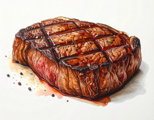 Grilled steak with crosshatch marks and herbs