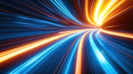 High speed light with blue and orange stripes in abstract, futuristic technological concept, showing motion blur against fast forward timeline background, creating a captivating visual effect that rep