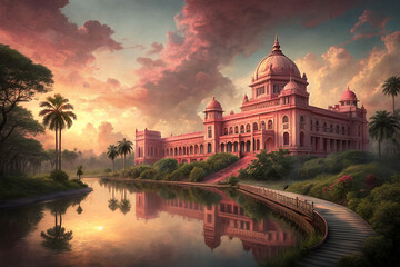Magnificent palace reflected in a tranquil river at sunset with dramatic clouds