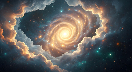 Glowing spiral cosmic vortex in bright gold and teal colors, enhanced with synaptic pixel abstract overlay for dreamy surreal cosmic artwork