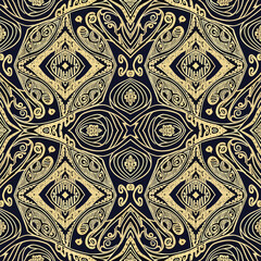 Ornate gold pattern on dark backdrop creates a rich and symmetrical design, seamless pattern, Stock royalty image.