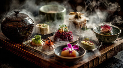 Naklejka premium Traditional Japanese Cuisine with Steam and Decoration 