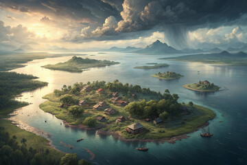 aerial view of a tropical island at sunset