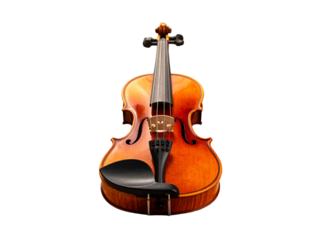 Violin with Bow on Wooden Surface, Front View, Isolated Transparent Background PNG