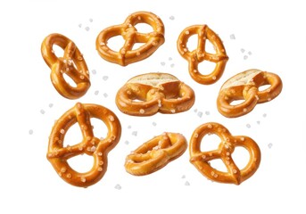 Salted pretzels levitate in a delectable display against a plain white background.