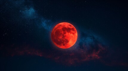 Fototapeta premium A Striking Blood-Red Moon Suspended in a Starry Sky, Its Surface Undulating with Liquid-Like Ripples, Perfect for Illustrating Science Fiction and Celestial Concepts