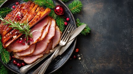 Roasted Sliced Christmas Ham on Plate with Fork and Knife