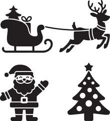 Fototapeta premium Merry christmas icons santa claus sleigh reindeer and tree silhouette festive holiday celebration symbols