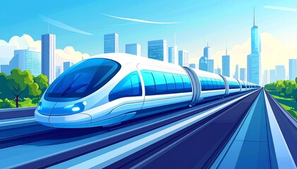 Naklejka premium Hyperloop Future Transportation Concept,Hyperloop high-speed transportation system illustration, futuristic city connection concept, minimal style