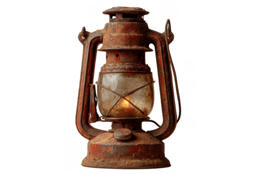A rusty vintage kerosene lantern with a glass enclosure and metal frame, showing signs of wear and weathering.
