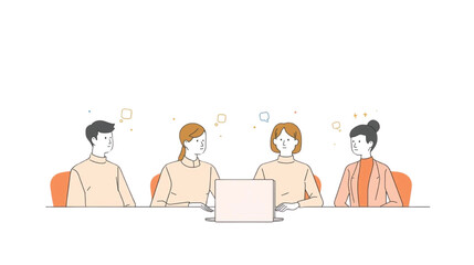 Fototapeta premium Four people collaborating at a table with a laptop