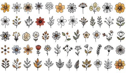 A collection of various floral and botanical line art designs, presented in a range of colors and styles, suitable for use in graphic design projects.