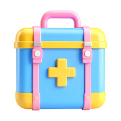 there is a blue and pink suitcase with a yellow cross on it