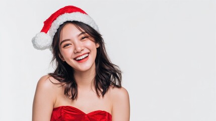 Young Asian Woman in Red Dress Wearing Christmas Hat Smiling Cheerfully