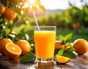 A vibrant glass of orange juice on a wooden table outdoors, with a sunny, natural orchard background.