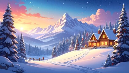 Fototapeta premium A serene winter landscape showcases a cozy wooden home nestled amidst snow-covered mountains and a vibrant sunrise.