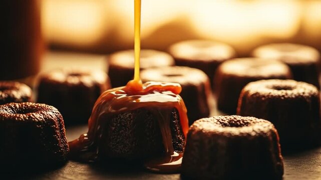 Gourmet Chocolate Canel?s Drizzled with Golden Caramel Sauce in a Luxurious Slow Motion Close-Up