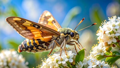 A detailed close-up of a beautiful moth perched amidst a cluster of delicate white blossoms, showcasing its intricate patterns and vibrant colors against a bright blue sky.