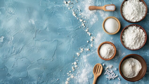 Overhead shot of various types of flour in bowls, salt, and sugar on a textured blue surface, leaving ample copy space