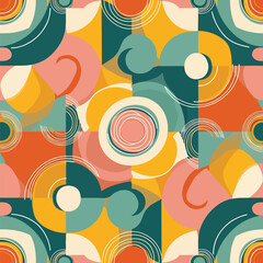 Obraz premium Colorful abstract geometric pattern design with circles, squares, and curved shapes seamlessly repeating, seamless pattern, Stock royalty free image.