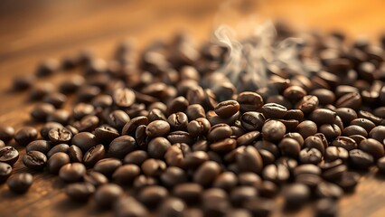 Fresh coffee beans on wood with steam, evoking warmth and rich aroma.