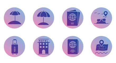 Fototapeta premium Travel themed symbols representing vacation destinations and necessary documents for a trip, evoking a sense of wanderlust and excitement.