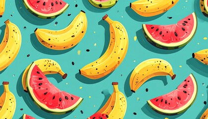 A vibrant pattern of yellow bananas and red watermelon slices against a teal background, showcasing a summery mood.