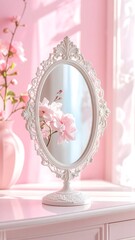 Vintage ornate vanity mirror with floral reflection, romantic pastel interior decoration